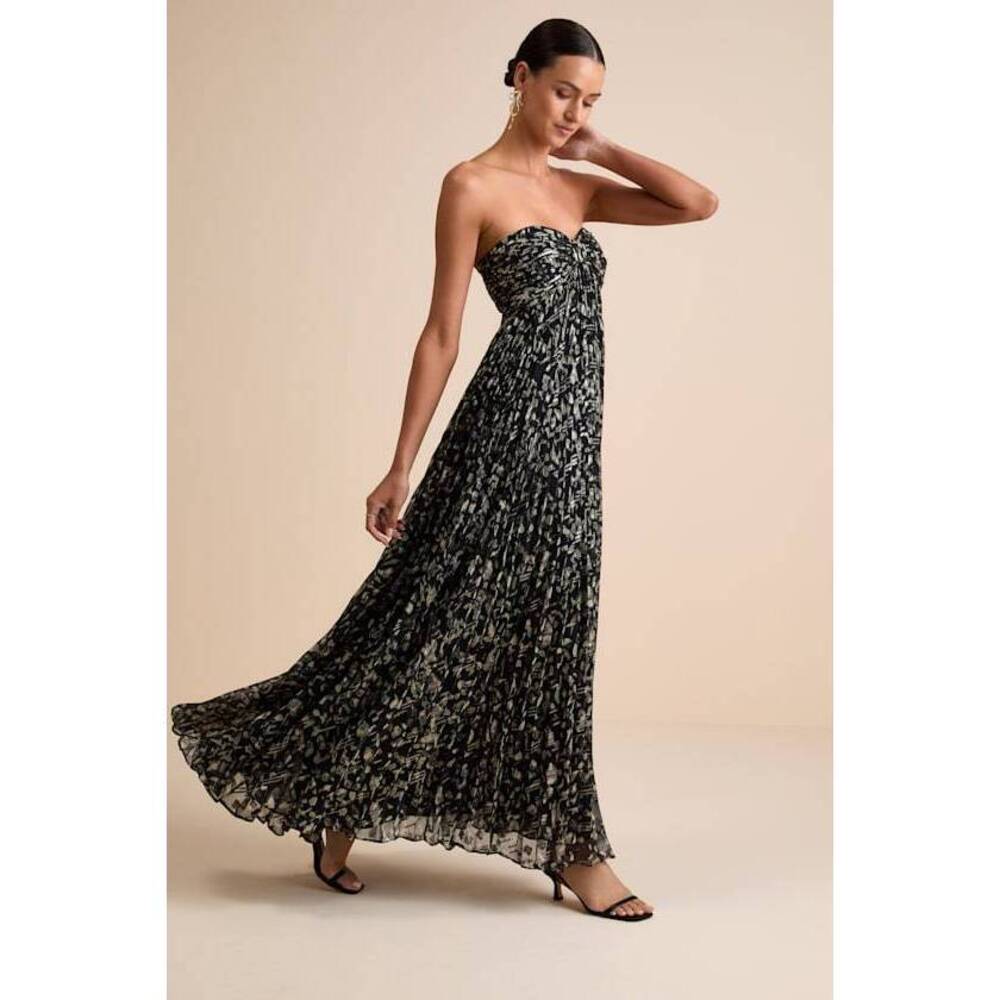 NWT Lulus Lynwen Black Abstract Pleated Strapless Maxi Dress - Size L